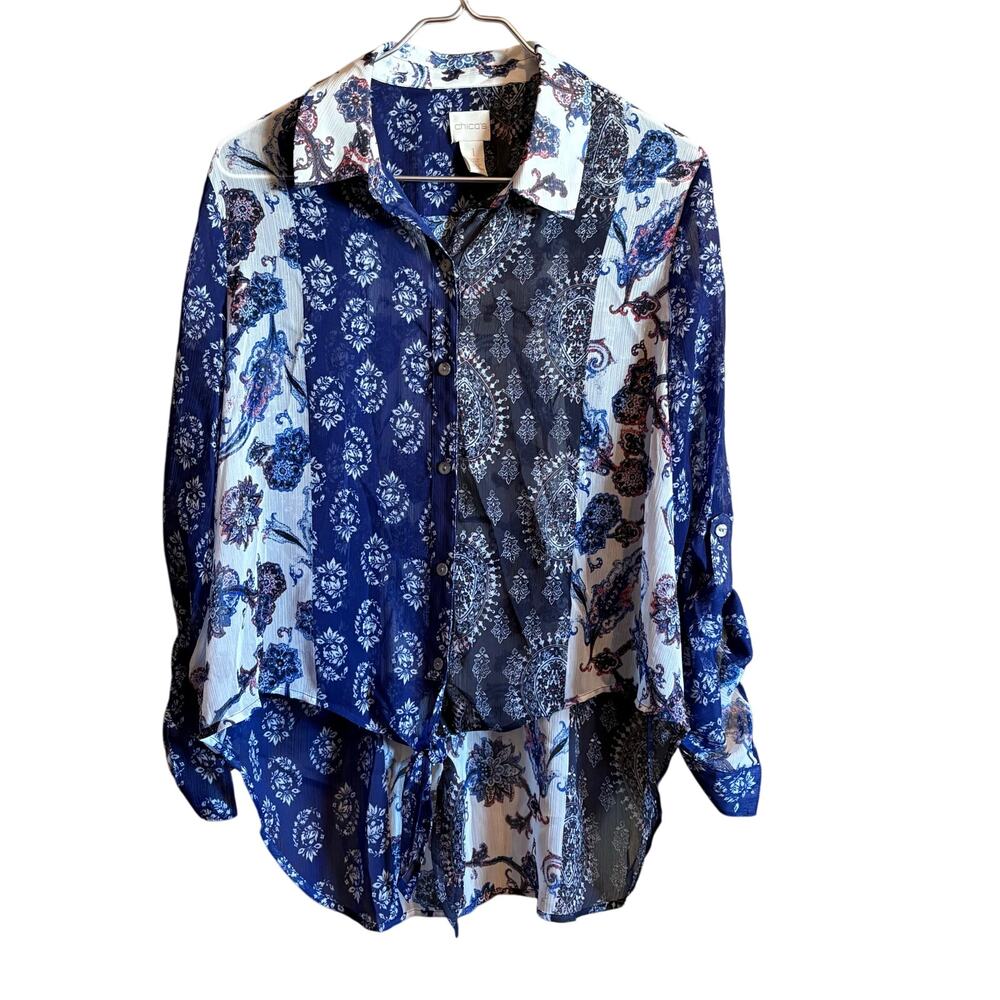 Chicos Front  Tie Shirt Sz 1 Floral Blue Intricate Design